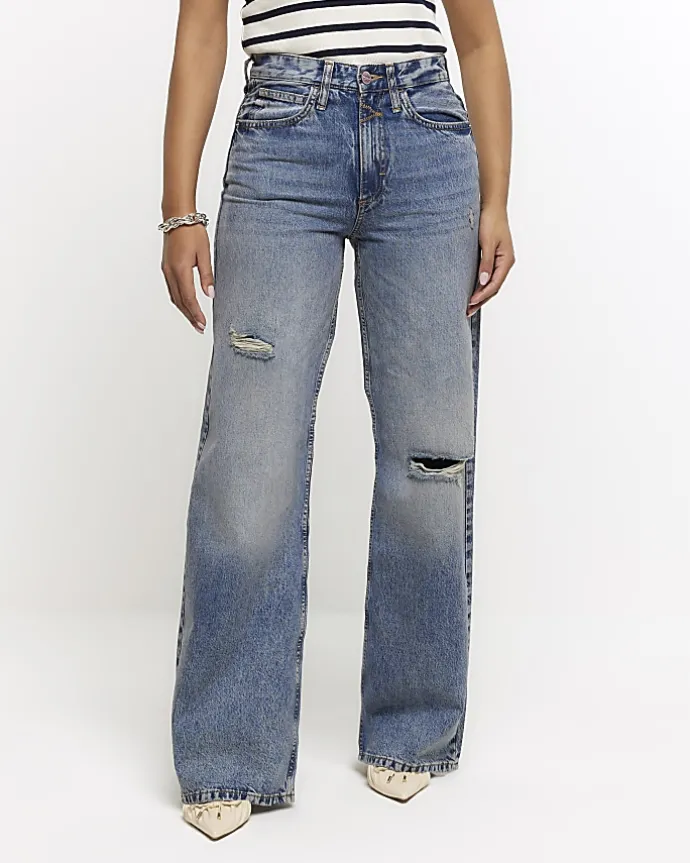 Blue mid rise ripped wide leg jeans