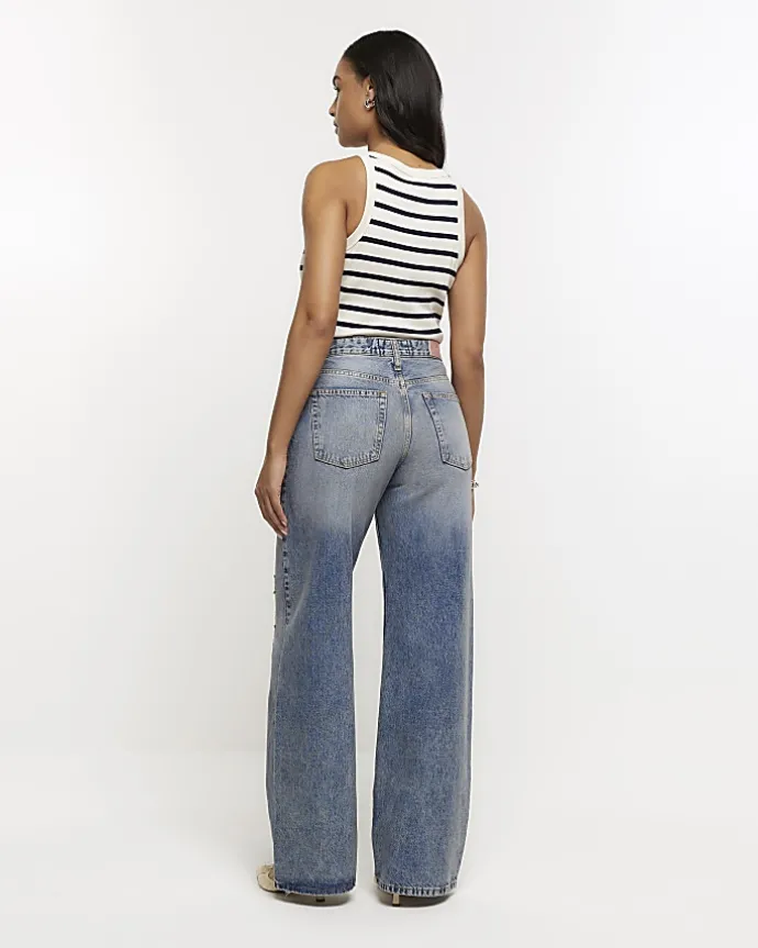 Blue mid rise ripped wide leg jeans