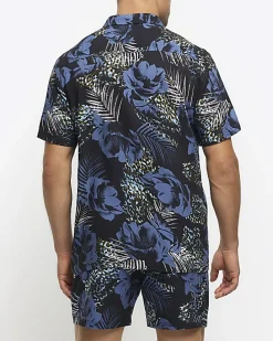 Blue regular fit floral short sleeve shirt