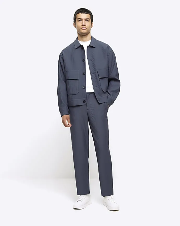 Blue regular fit plisse Harrington jacket
