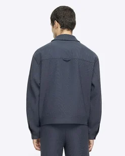 Blue regular fit plisse Harrington jacket