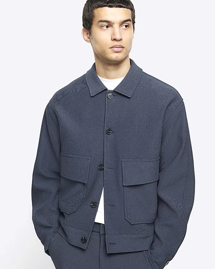 Blue regular fit plisse Harrington jacket