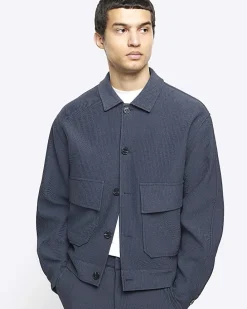 Blue regular fit plisse Harrington jacket