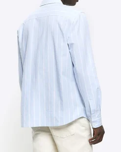 Blue regular fit striped linen blend shirt