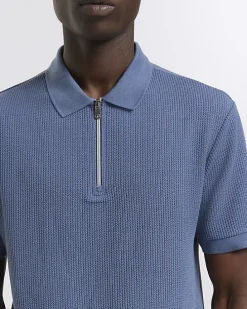 Blue Regular Fit Textured Zip Neck Polo