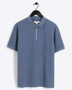 Blue Regular Fit Textured Zip Neck Polo