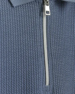 Blue Regular Fit Textured Zip Neck Polo