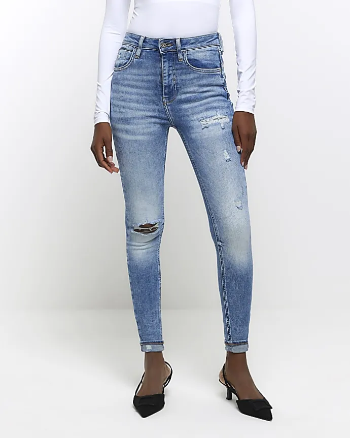 Blue ripped high waisted skinny jeans