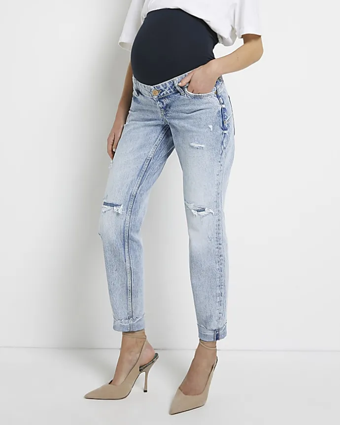 Blue ripped mid rise maternity mom jeans