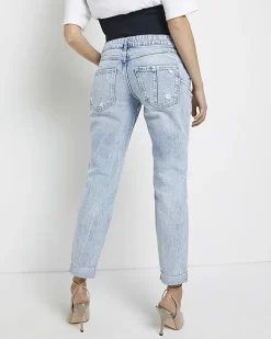 Blue ripped mid rise maternity mom jeans