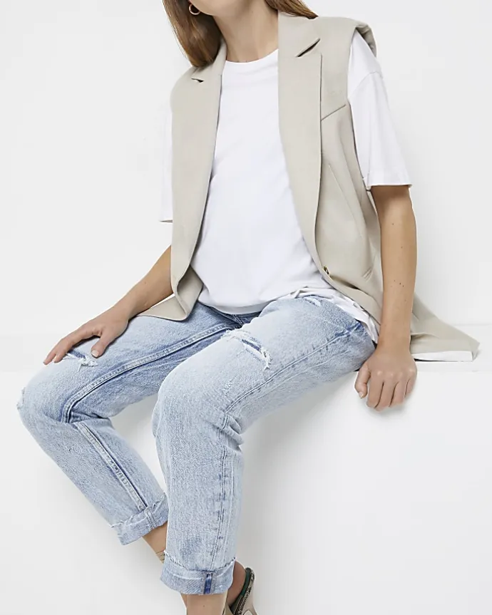 Blue ripped mid rise maternity mom jeans