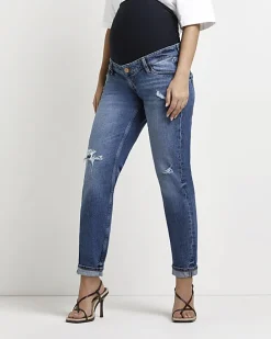 Blue ripped mid rise maternity mom jeans