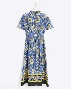 Blue satin floral belted midi shirt dress