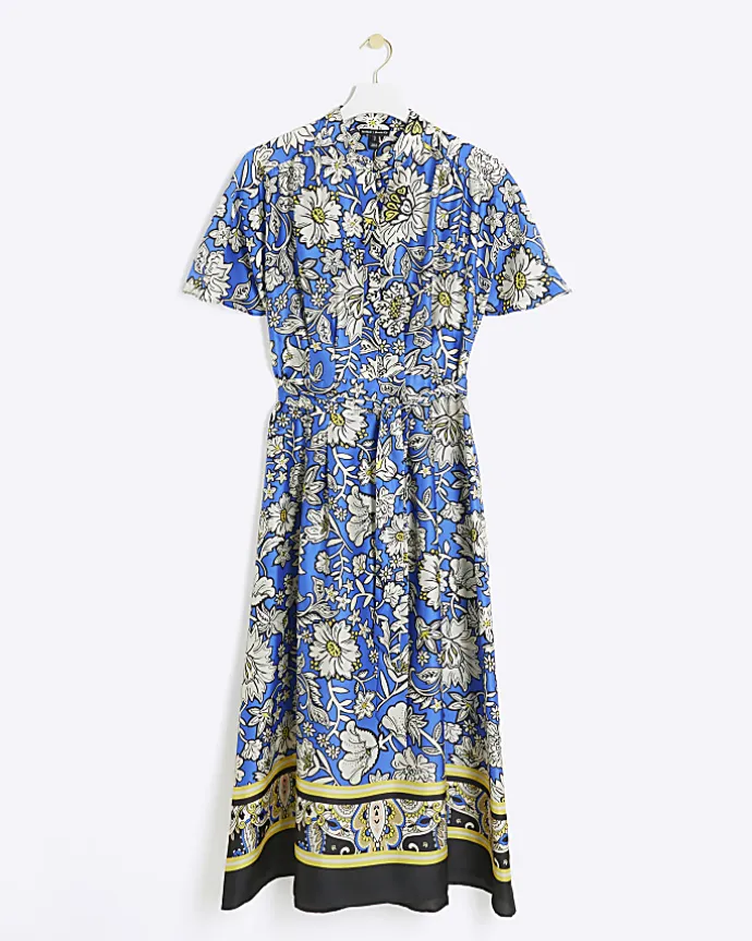 Blue satin floral belted midi shirt dress