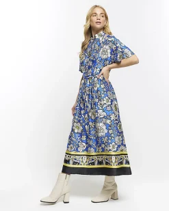 Blue satin floral belted midi shirt dress
