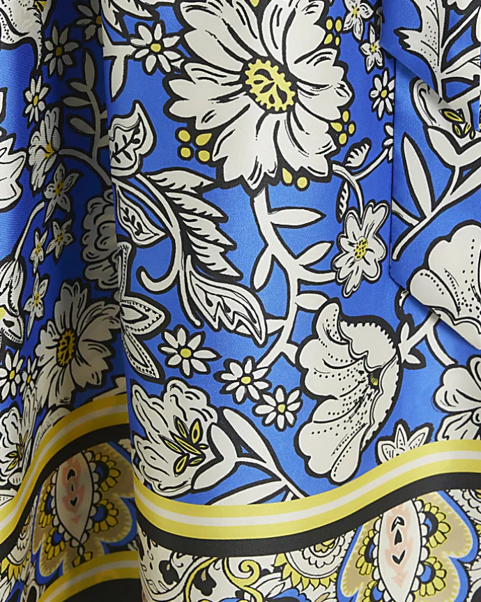 Blue satin floral belted midi shirt dress