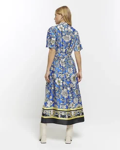 Blue satin floral belted midi shirt dress