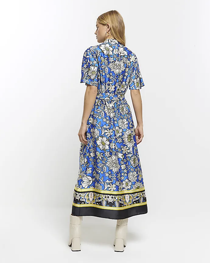Blue satin floral belted midi shirt dress