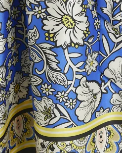 Blue satin floral belted midi shirt dress