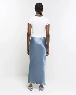 Blue satin tie waist midi skirt