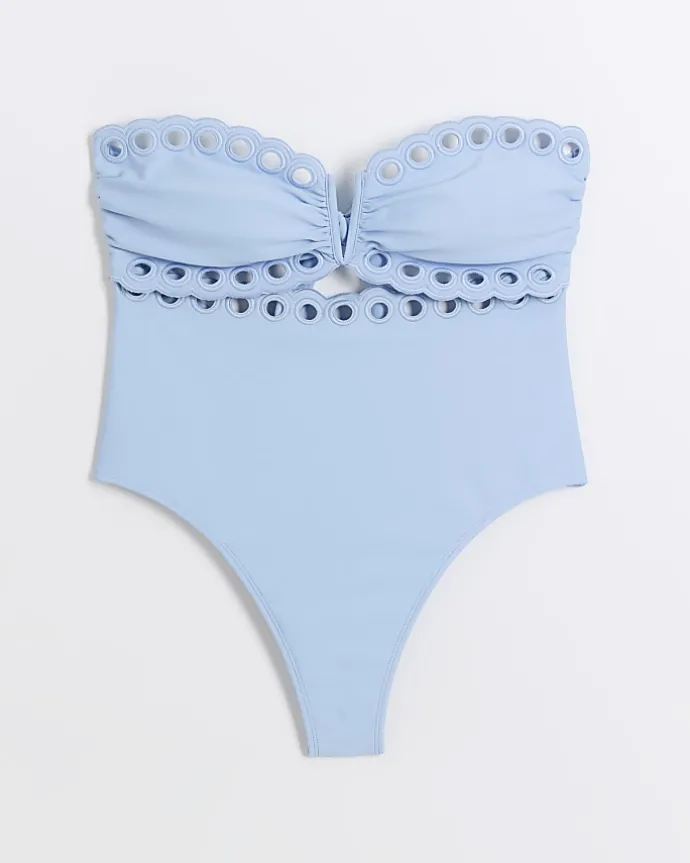 Blue scallop hem bandeau swimsuit