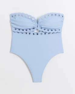 Blue scallop hem bandeau swimsuit