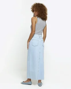 Blue seamed denim maxi skirt