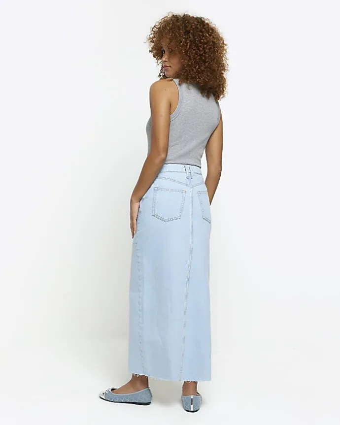 Blue seamed denim maxi skirt