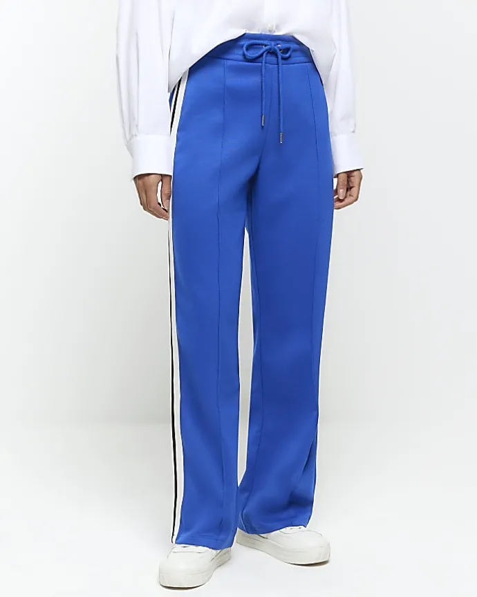 Blue side stripe wide leg joggers