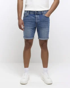 Blue slim fit faded denim shorts