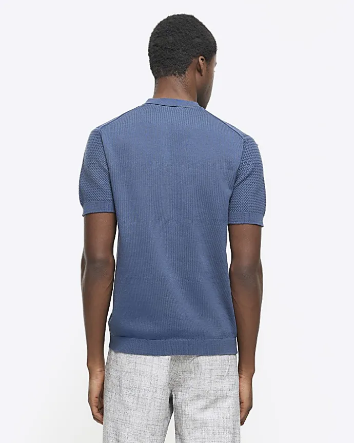 Blue slim fit textured knit t-shirt
