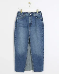 Blue split hem denim maxi skirt