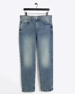 Blue straight fit faded jeans