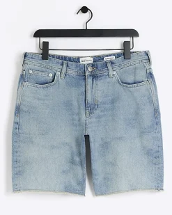 Blue straight fit raw hem denim shorts