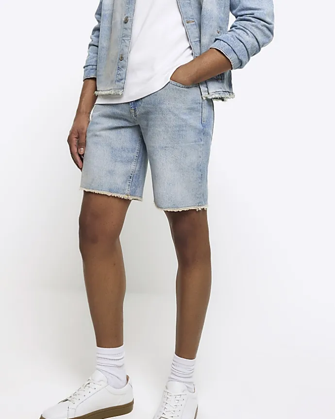 Blue straight fit raw hem denim shorts