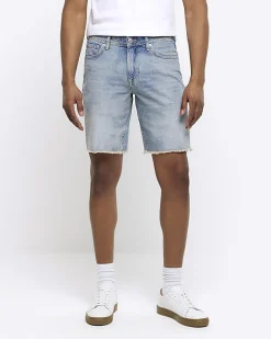 Blue straight fit raw hem denim shorts