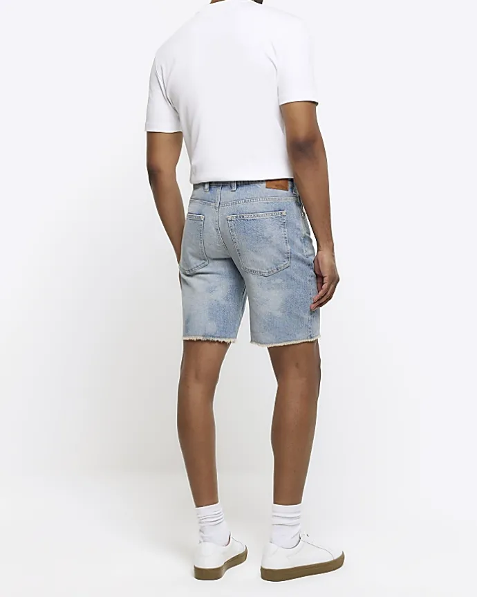 Blue straight fit raw hem denim shorts