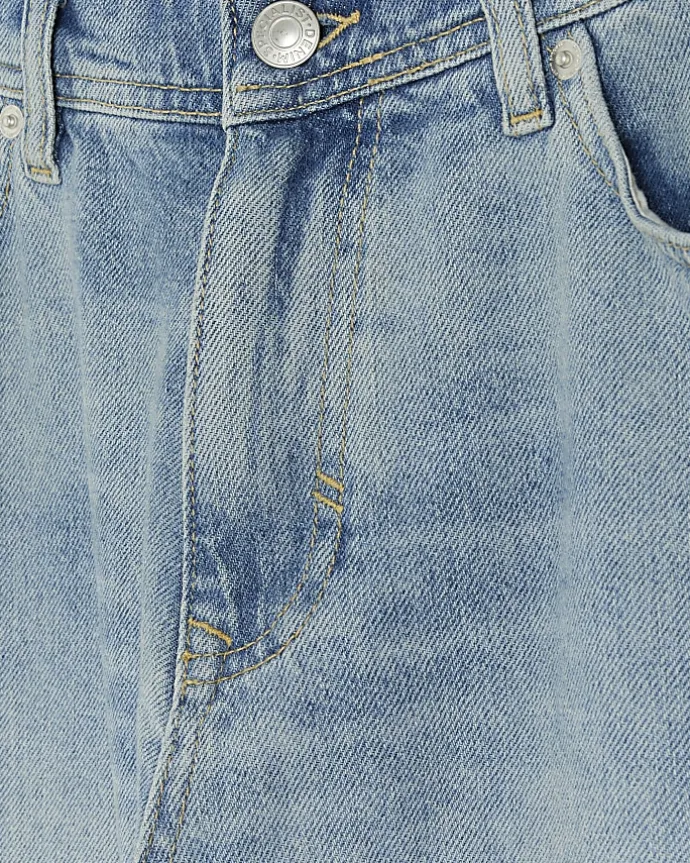 Blue straight fit raw hem denim shorts