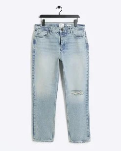 Blue straight fit ripped jeans