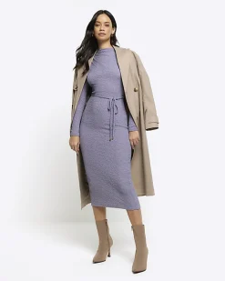 Blue textured belted bodycon midi dress