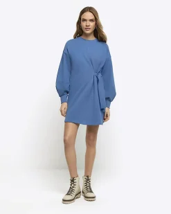 Blue tie side sweatshirt mini dress