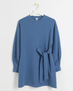 Blue tie side sweatshirt mini dress