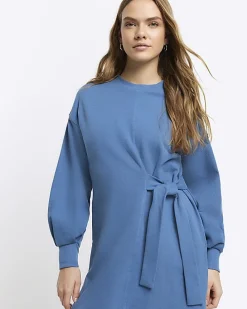 Blue tie side sweatshirt mini dress