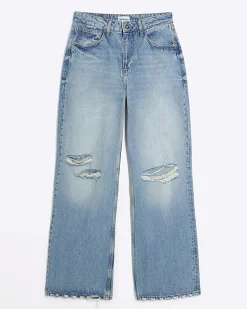 Blue wide leg ripped jeans