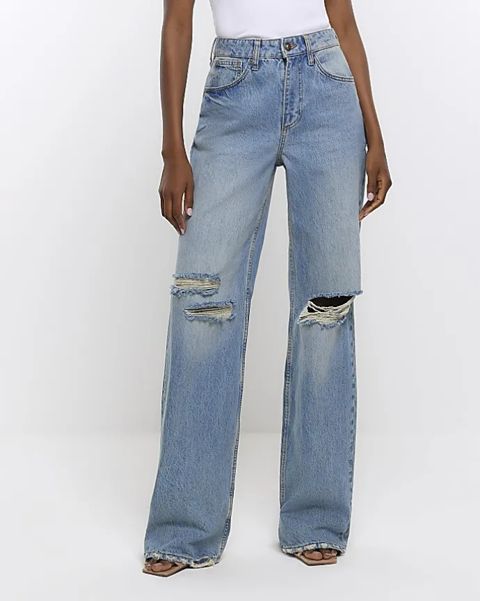 Blue wide leg ripped jeans