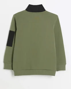 Boys khaki colour block funnel sweatshirt