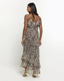 Brown animal print frill slip maxi dress