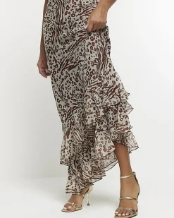 Brown animal print frill slip maxi dress