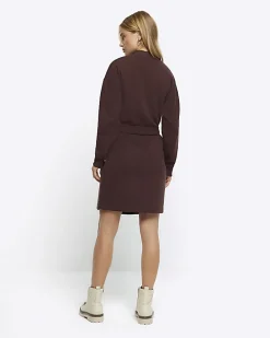 Brown Belted Sweatshirt Mini Dress