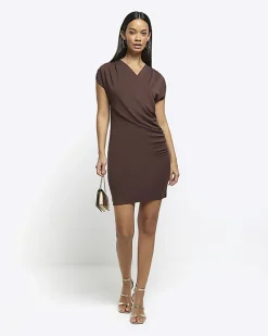 Brown drape wrap bodycon mini dress